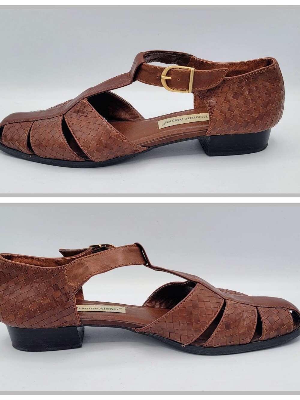 Etienne Aigner Toba Woven Leather T Strap Peep Toe Shoes Womens 9.5 M Brazil 80s - Picture 5 of 16
